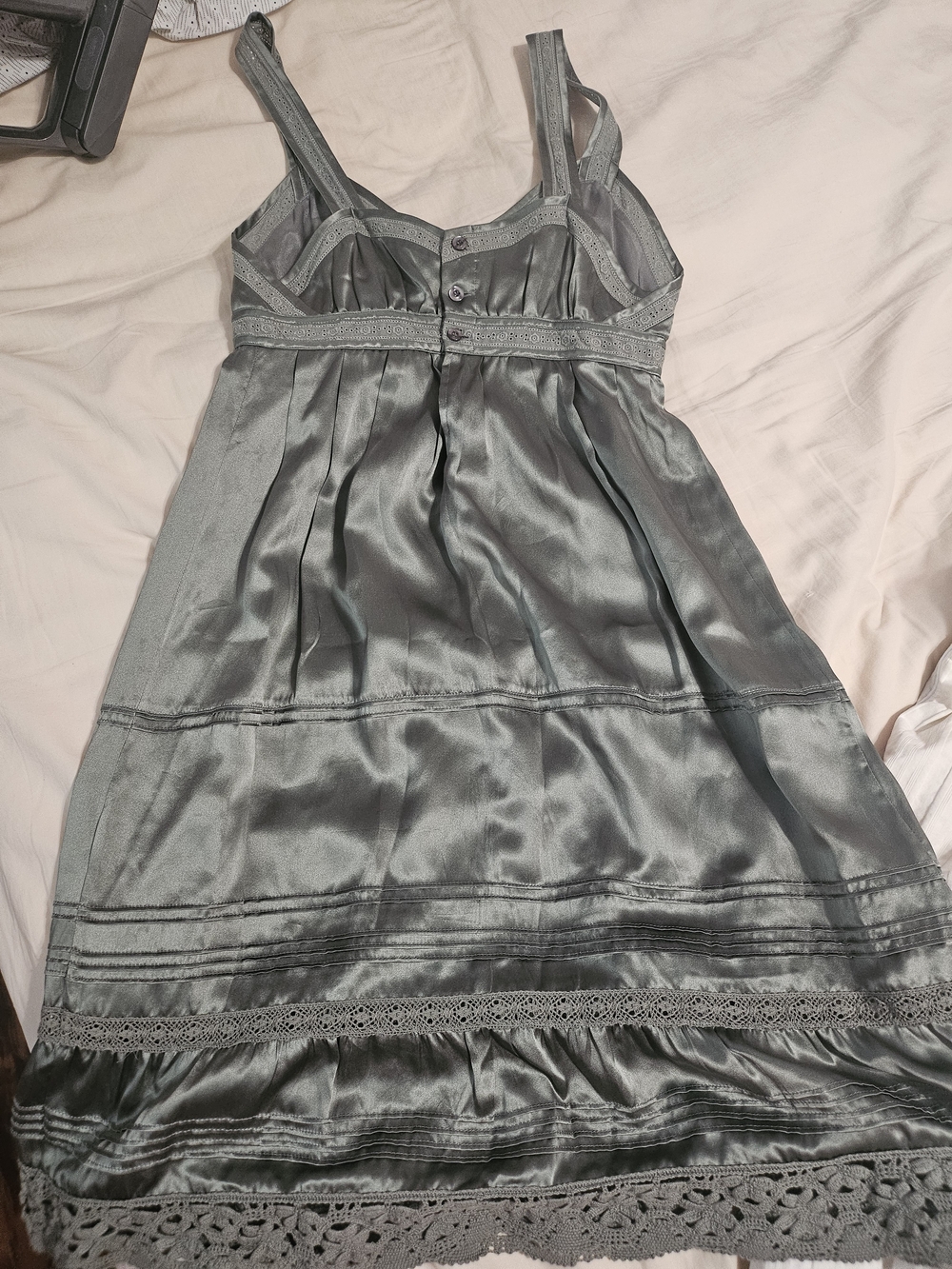 Betsey Johnson Silver-Gray Satin Lace-Trim Slip Dress In Green